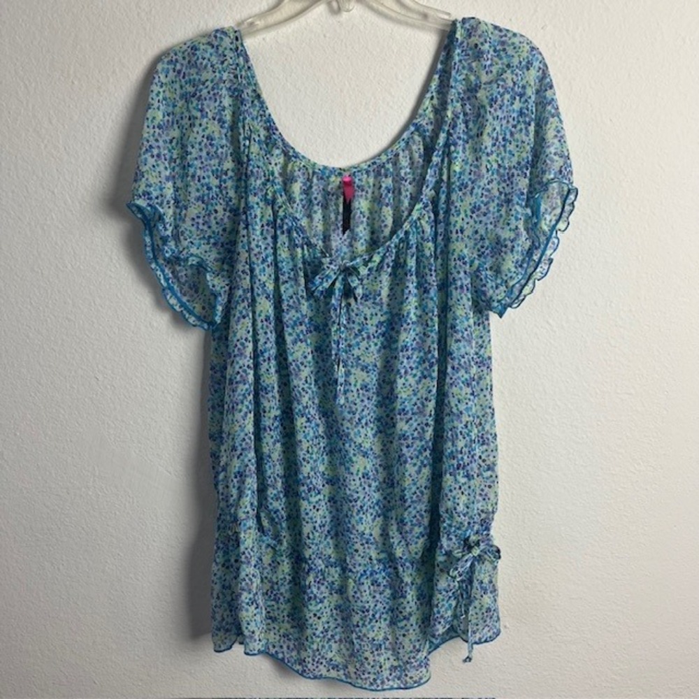 Floral Sheer Blouse Size‎ XXL Blue Green Tie Detail Ruffle Sleeve Top